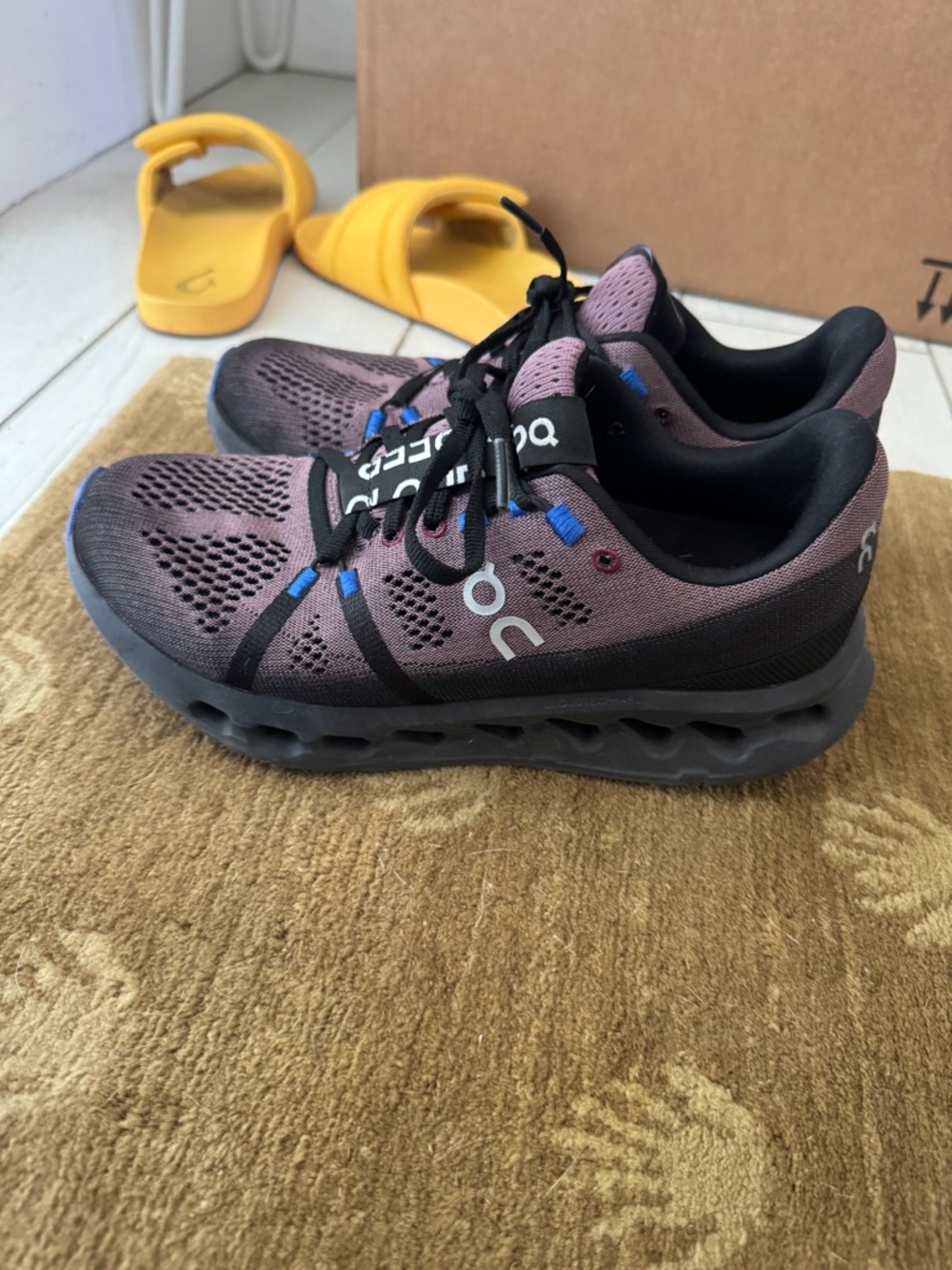 On Running Athletic Sneakers in Plum, Black and Blue